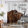 Rustic Farmhouse Shower Curtain with Funny Highland Cow and Windmill on Wood Board