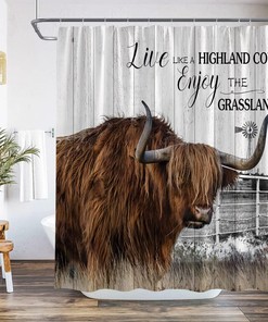 Rustic Farmhouse Shower Curtain with Funny Highland Cow and Windmill on Wood Board