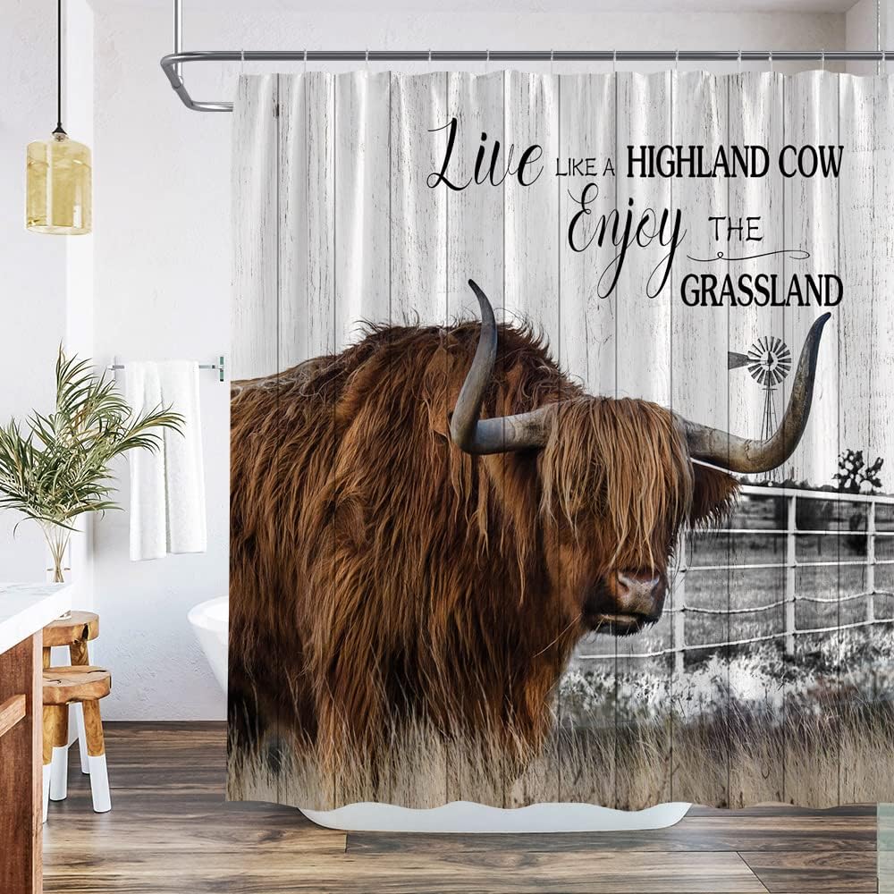 Rustic Farmhouse Shower Curtain with Funny Highland Cow and Windmill on Wood Board