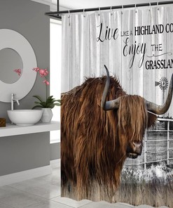 Rustic Farmhouse Shower Curtain with Funny Highland Cow and Windmill on Wood Board