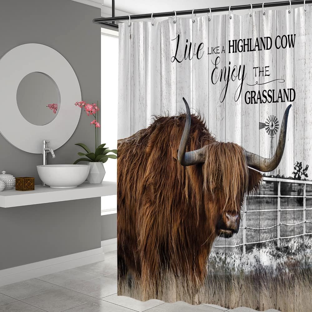 Rustic Farmhouse Shower Curtain with Funny Highland Cow and Windmill on Wood Board