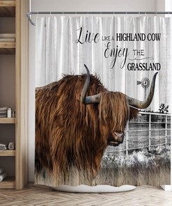 Rustic Farmhouse Shower Curtain with Funny Highland Cow and Windmill on Wood Board