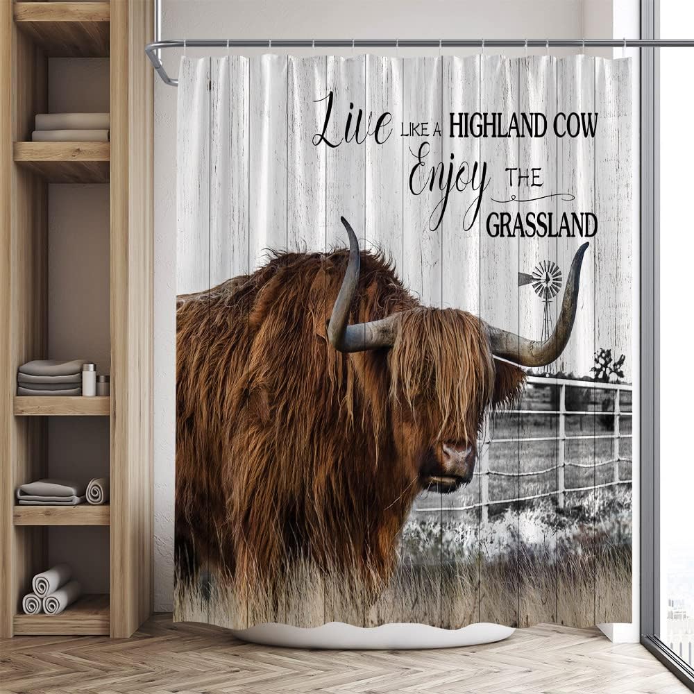 Rustic Farmhouse Shower Curtain with Funny Highland Cow and Windmill on Wood Board