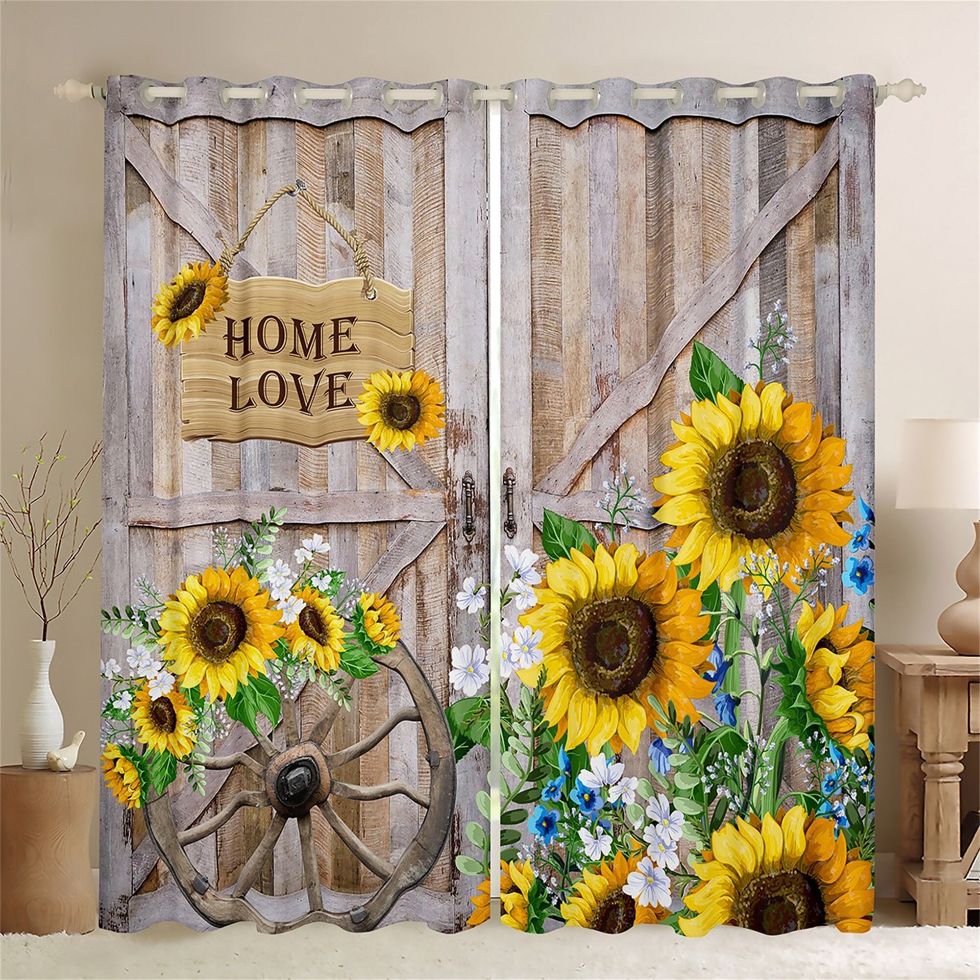 Rustic Farmhouse Style Sunflower Handmade Window Curtain Set