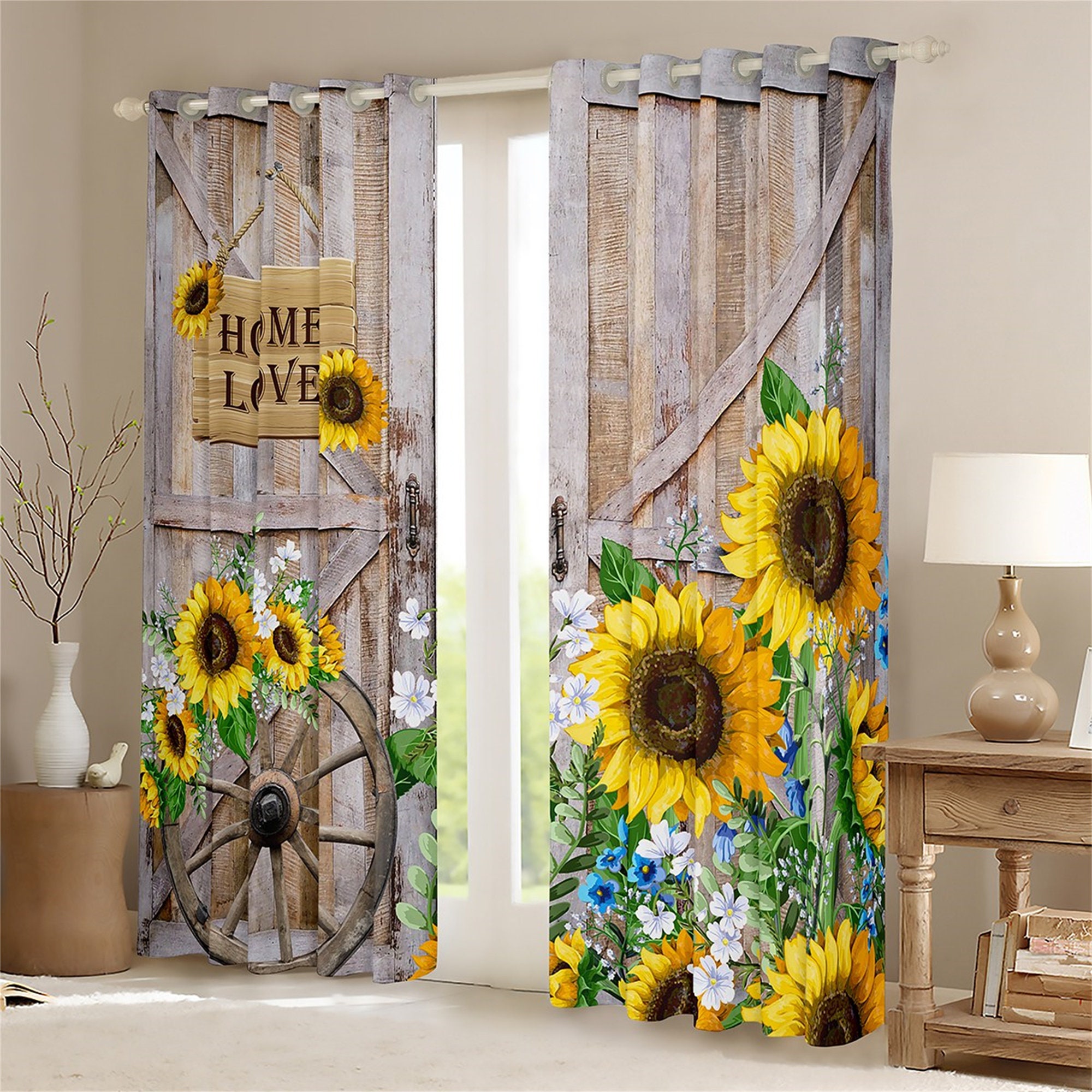 Rustic Farmhouse Style Sunflower Handmade Window Curtain Set
