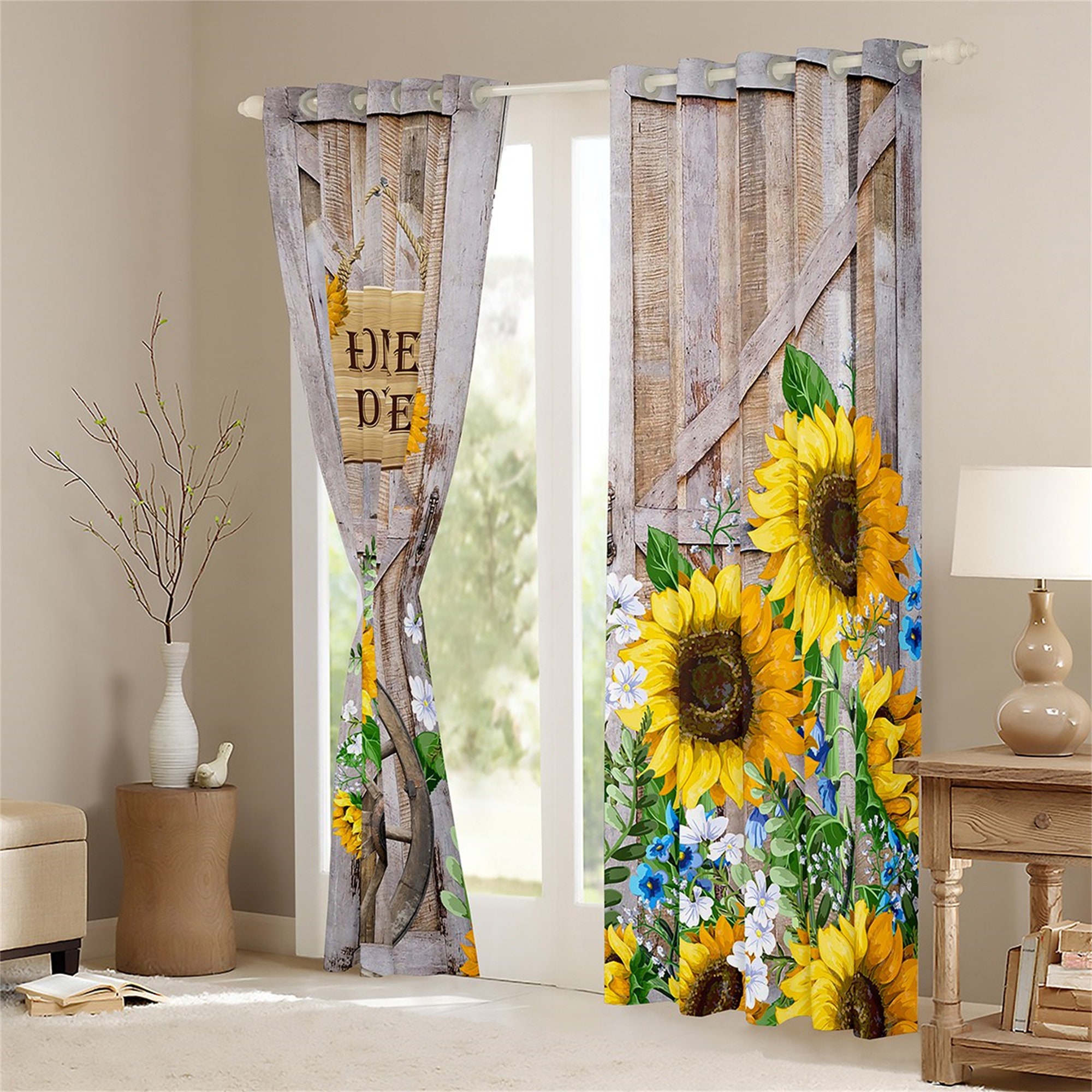 Rustic Farmhouse Style Sunflower Handmade Window Curtain Set