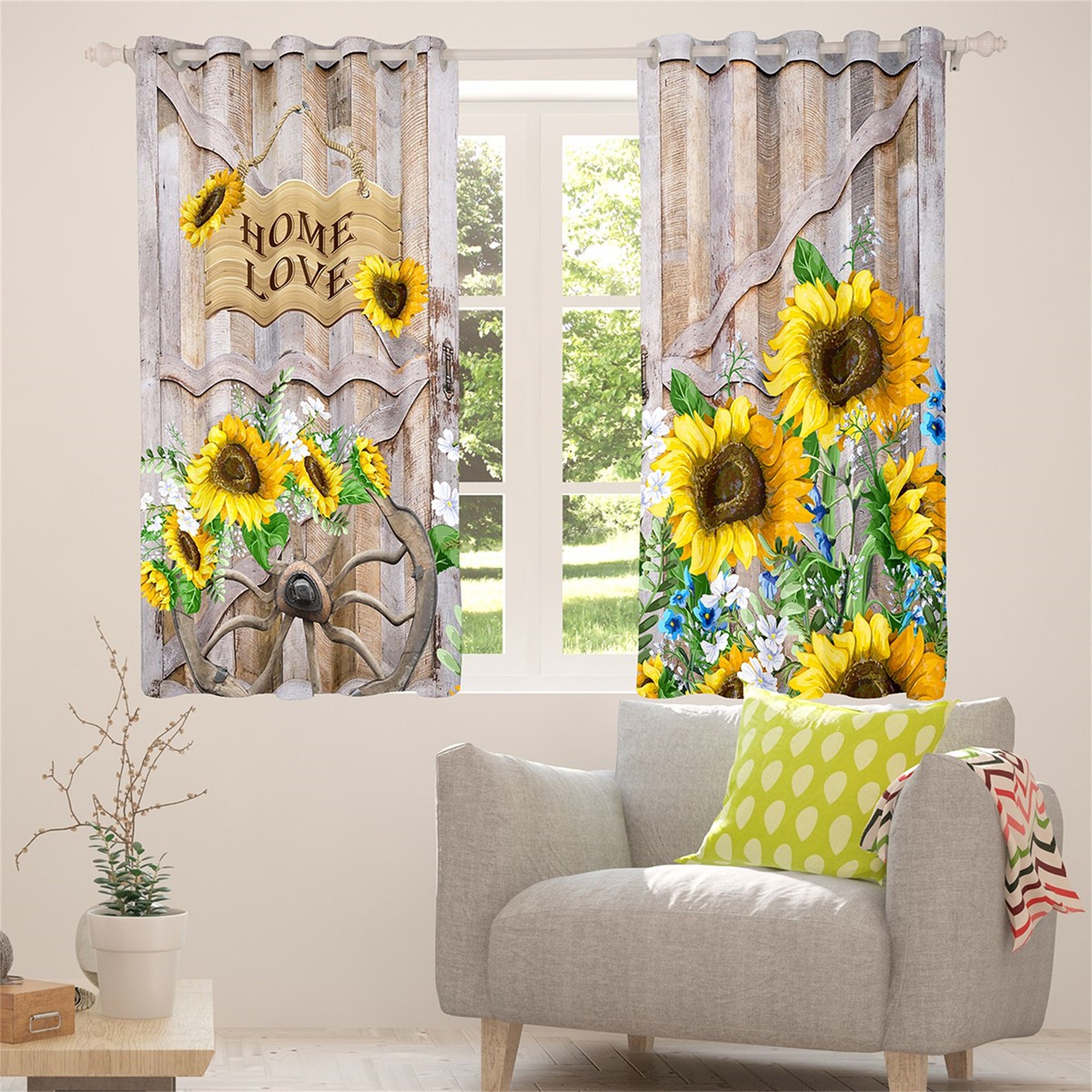 Rustic Farmhouse Style Sunflower Handmade Window Curtain Set
