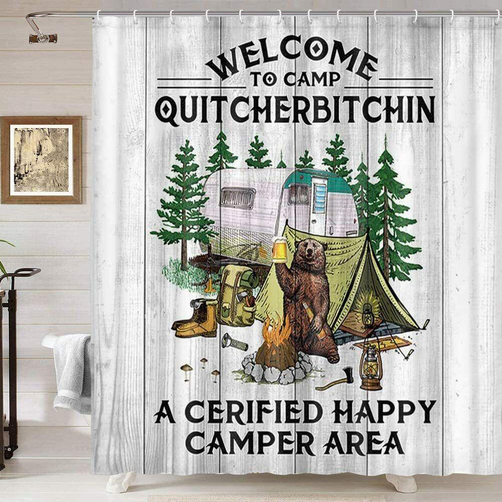 Rustic Farmhouse Tree Rv Campfire Tent Shower Curtain, Ideal For Any Camper Rv'S Bathroom