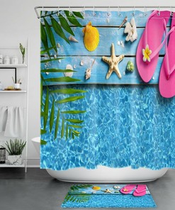 Rustic Flip Flop Ocean Shower Curtain in Tropical Board Design