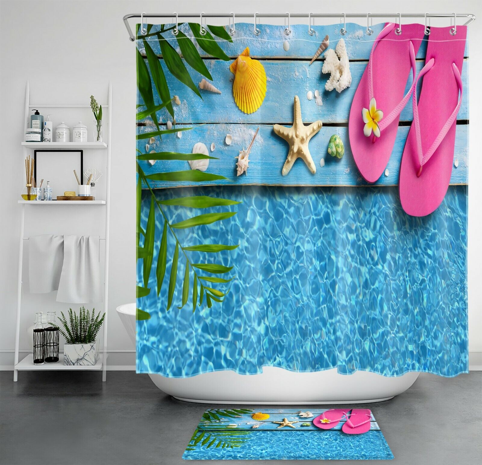 Rustic Flip Flop Ocean Shower Curtain in Tropical Board Design