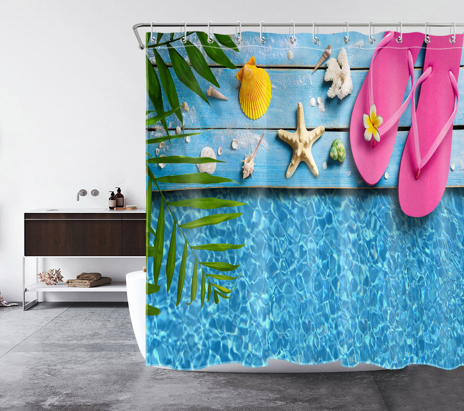 Rustic Flip Flop Ocean Shower Curtain in Tropical Board Design