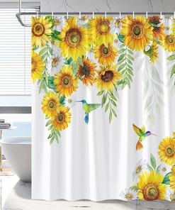 Rustic Floral Shower Curtain with Green Vine Leaves and Yellow Flowers for Bathtub Decor