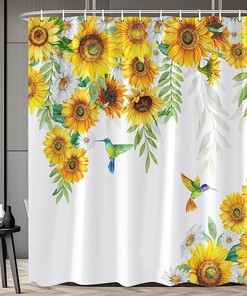 Rustic Floral Shower Curtain with Green Vine Leaves and Yellow Flowers for Bathtub Decor