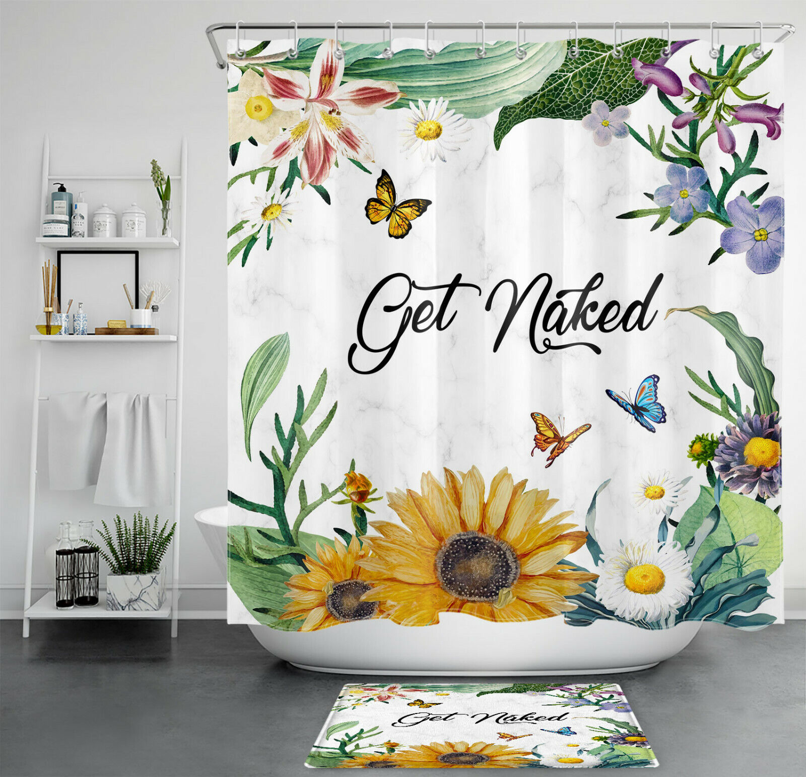 Rustic Floral Sunflower Butterfly Shower Set - Inspirational Bathroom Decor