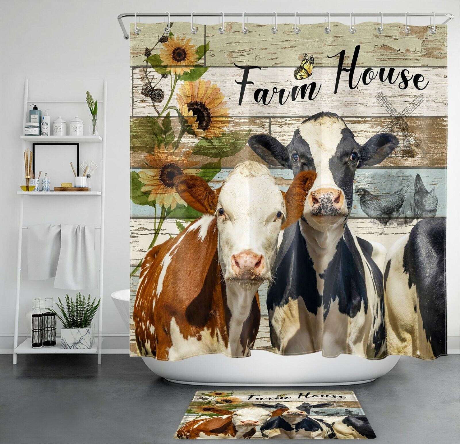 Rustic Floral Sunflower Cow Shower Curtain for a Farmhouse Bathroom Makeover