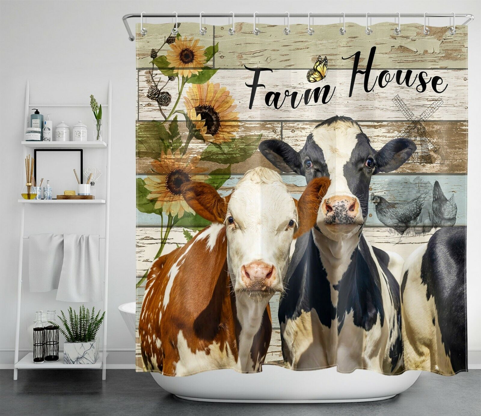 Rustic Floral Sunflower Cow Shower Curtain for a Farmhouse Bathroom Makeover