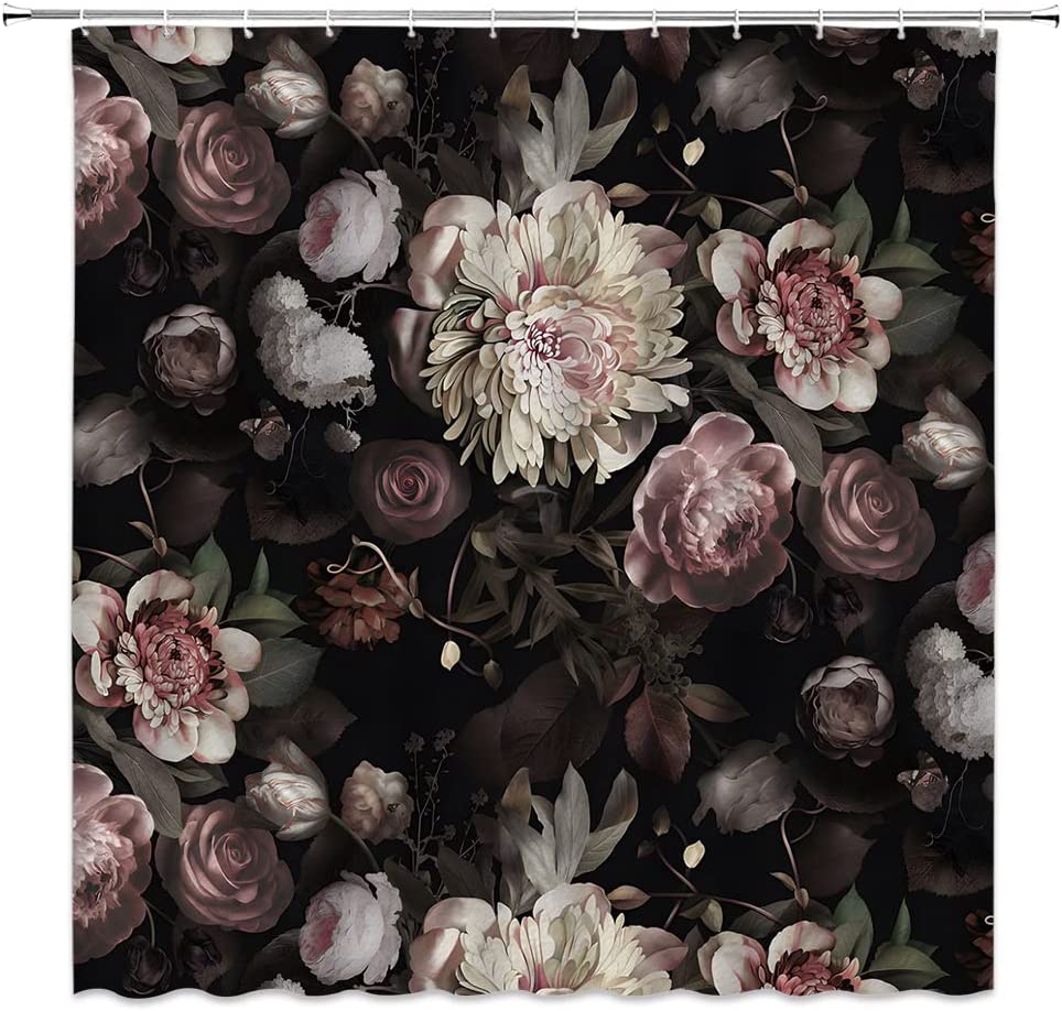 Rustic Flower Shower Curtain Retro Rose Blossom Peony Boho Bathroom Decor