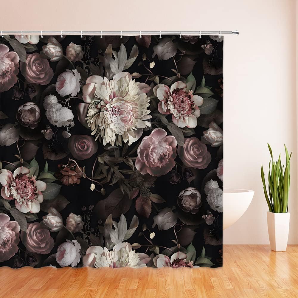 Rustic Flower Shower Curtain Retro Rose Blossom Peony Boho Bathroom Decor