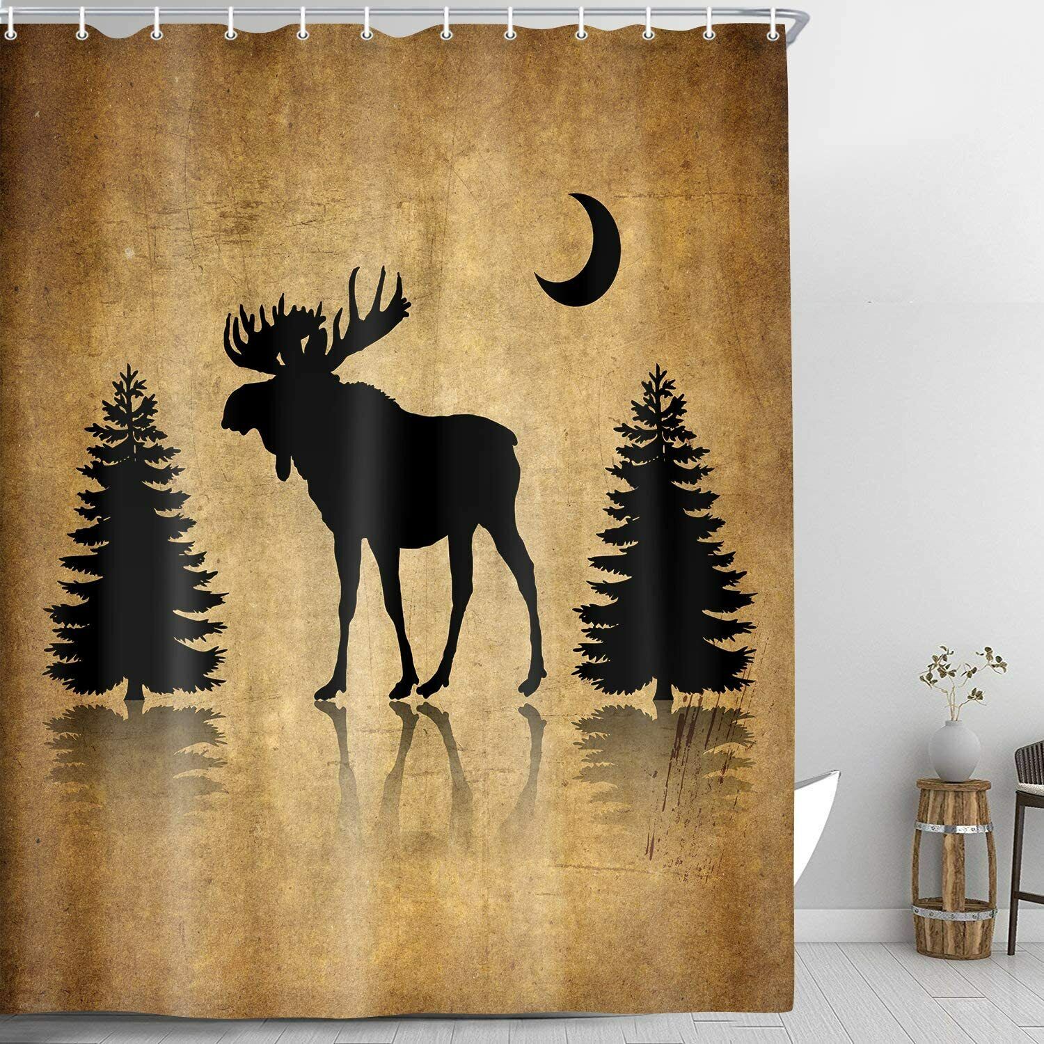 Rustic Forest Animals Shower Curtain - Elk, Moose, Deer and Pine Tree Design for a Nature-Inspired Bathroom