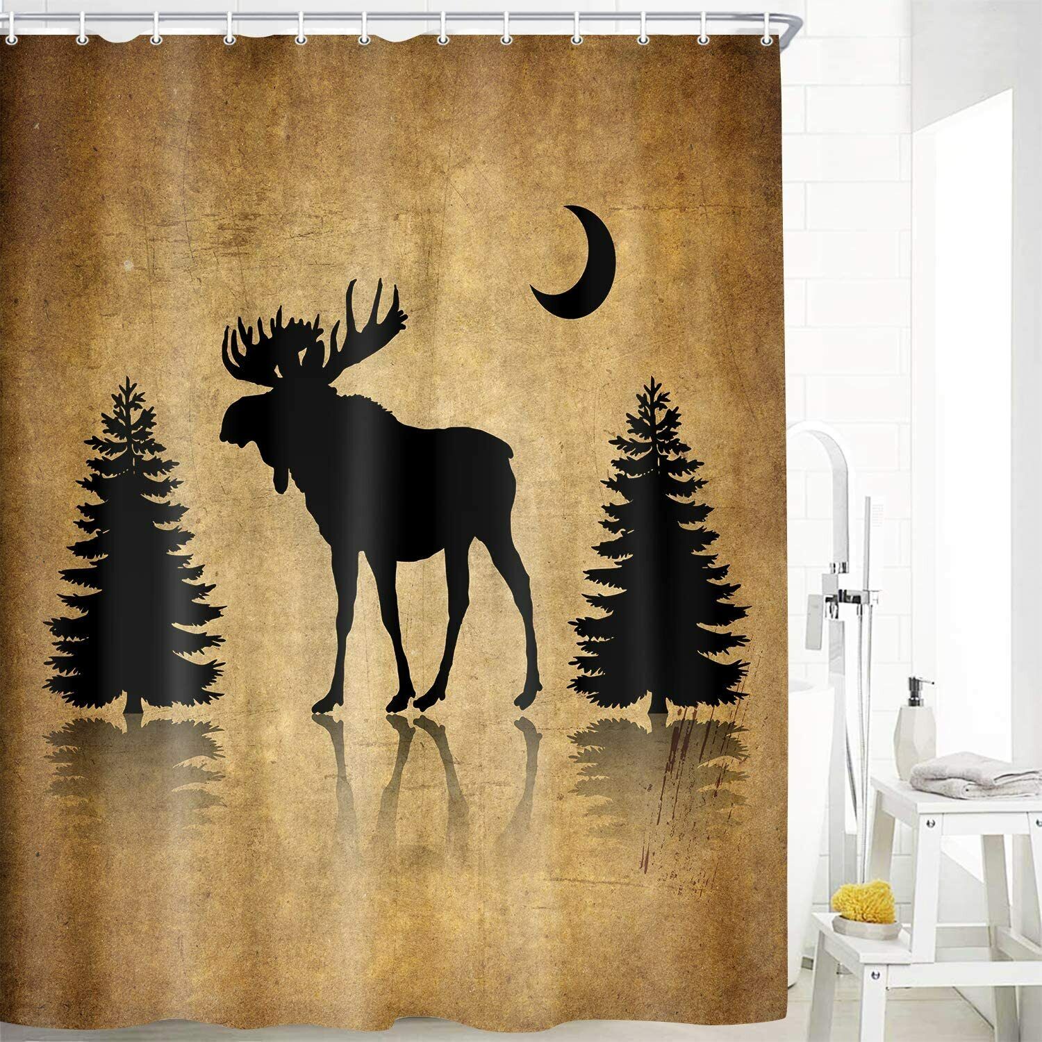 Rustic Forest Animals Shower Curtain - Elk, Moose, Deer and Pine Tree Design for a Nature-Inspired Bathroom