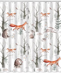 Rustic Forest Animals with Tree Branches and Birds Shower Curtain for Vintage Bathroom Decor