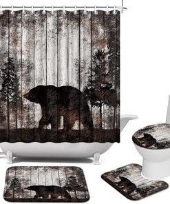 Rustic Forest Bear Shower Curtain With Mat, Wildlife Animal Bathroom Decor,
