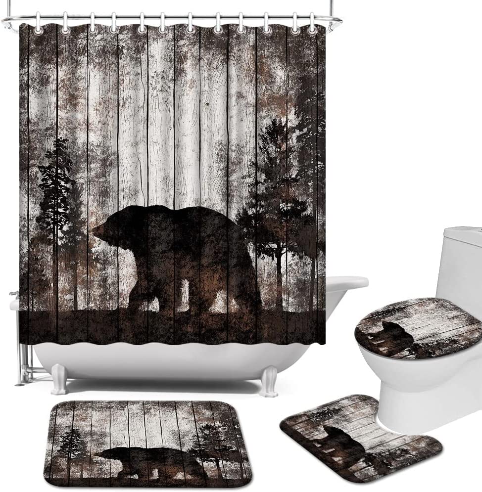 Rustic Forest Bear Shower Curtain With Mat, Wildlife Animal Bathroom Decor,