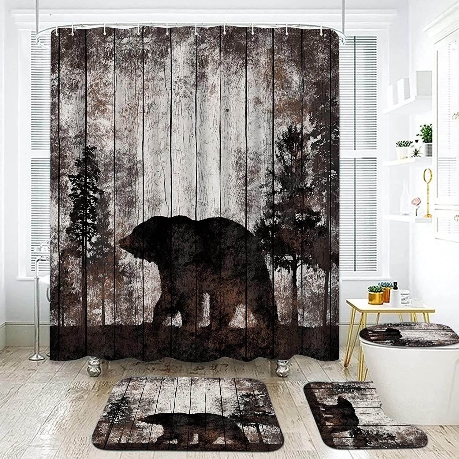 Rustic Forest Bear Shower Curtain With Mat, Wildlife Animal Bathroom Decor, - Image 2