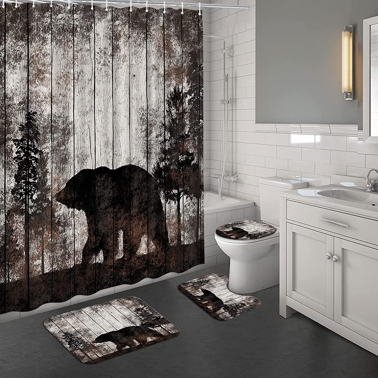 Rustic Forest Bear Shower Curtain With Mat, Wildlife Animal Bathroom Decor, - Image 3