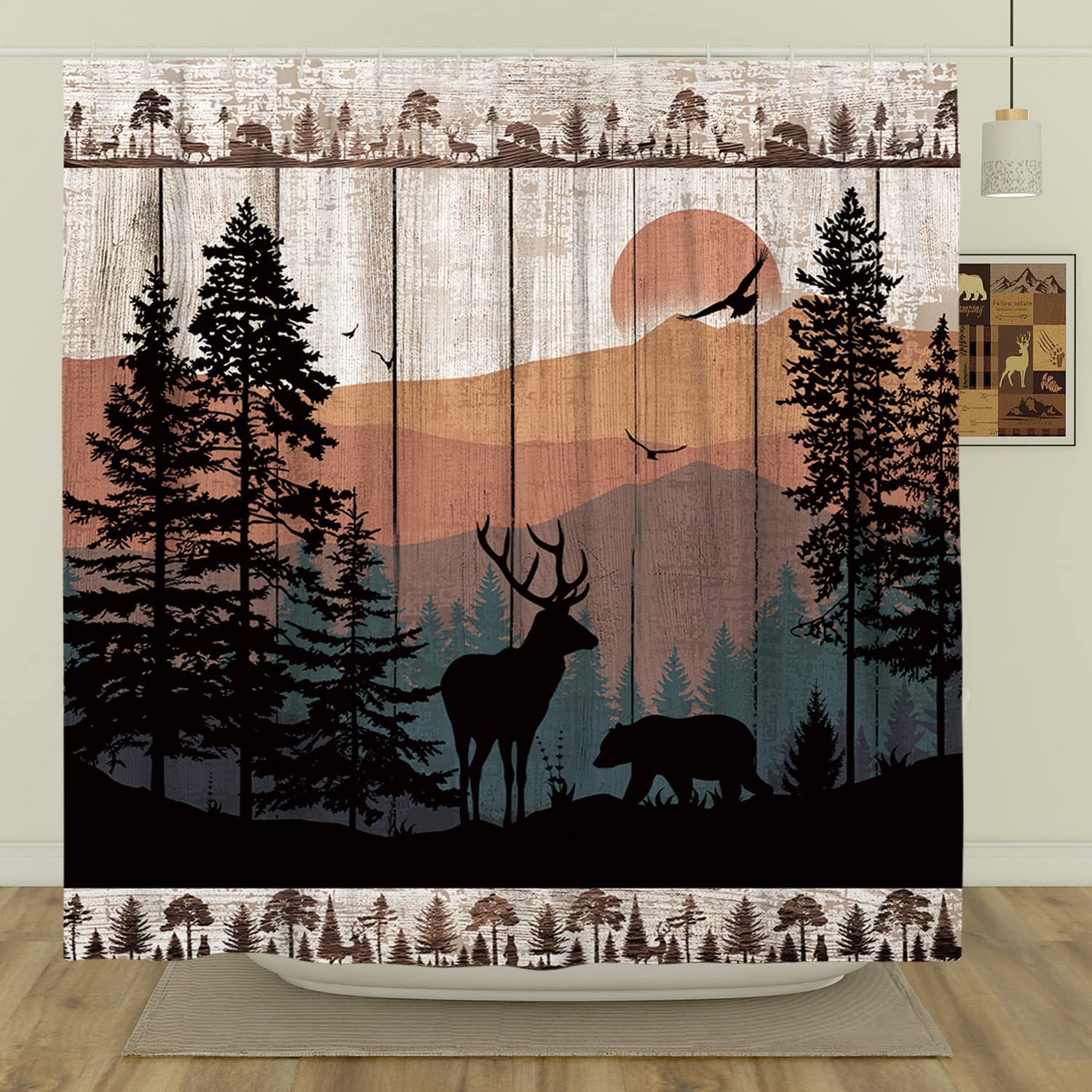 Rustic Forest Deer Shower Curtain - Hunting Woodland Theme Lodge Bathroom Decor