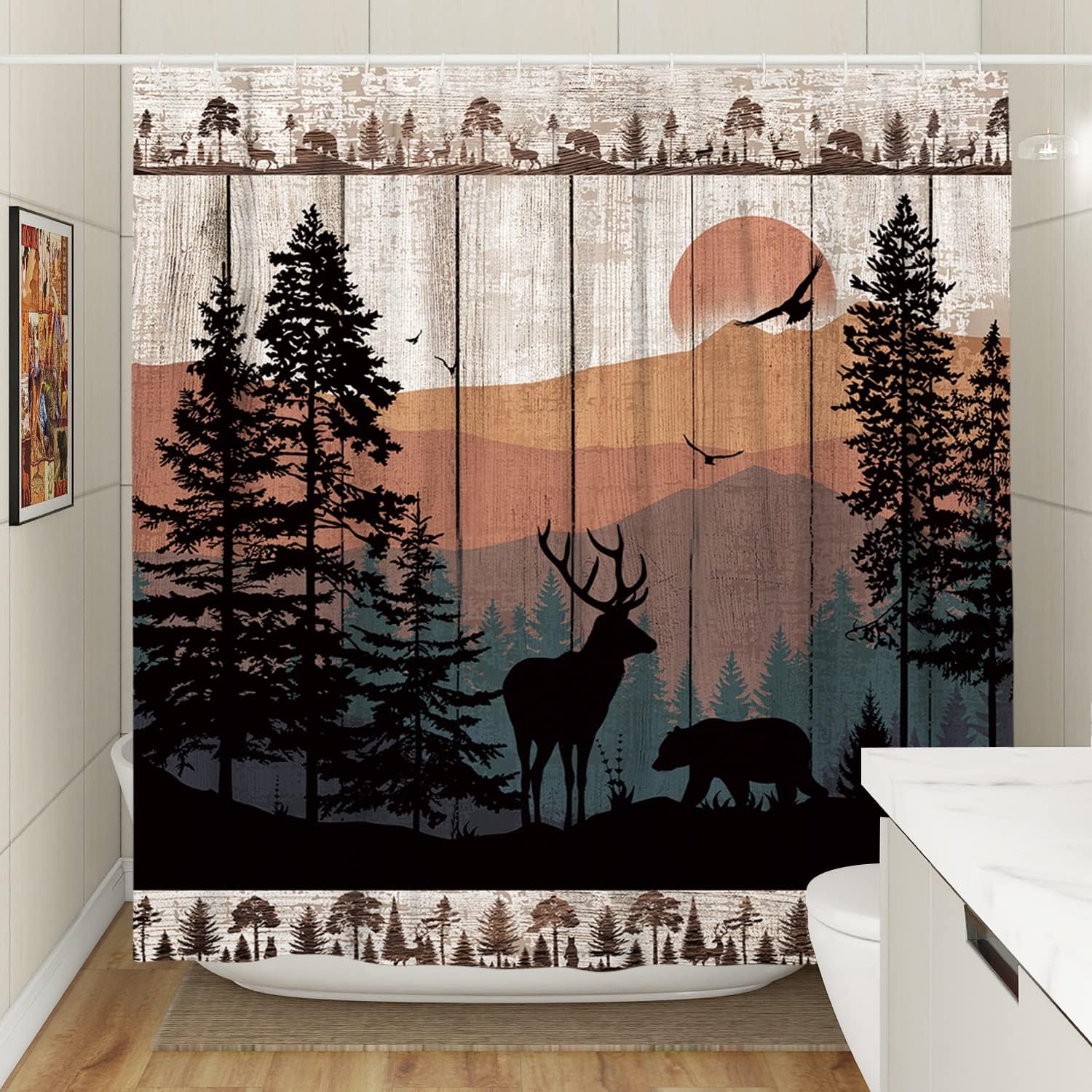 Rustic Forest Deer Shower Curtain - Hunting Woodland Theme Lodge Bathroom Decor
