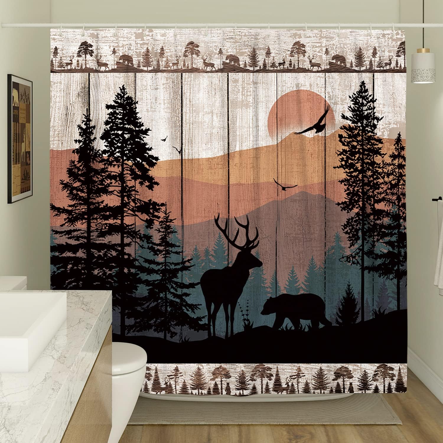 Rustic Forest Deer Shower Curtain - Hunting Woodland Theme Lodge Bathroom Decor