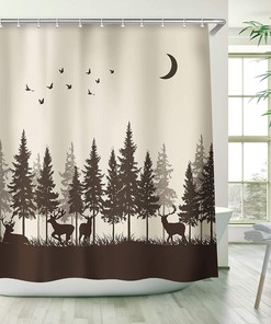 Rustic Forest Moose Pattern on Brown Shower Curtain for Hunting and Wilderness Enthusiasts