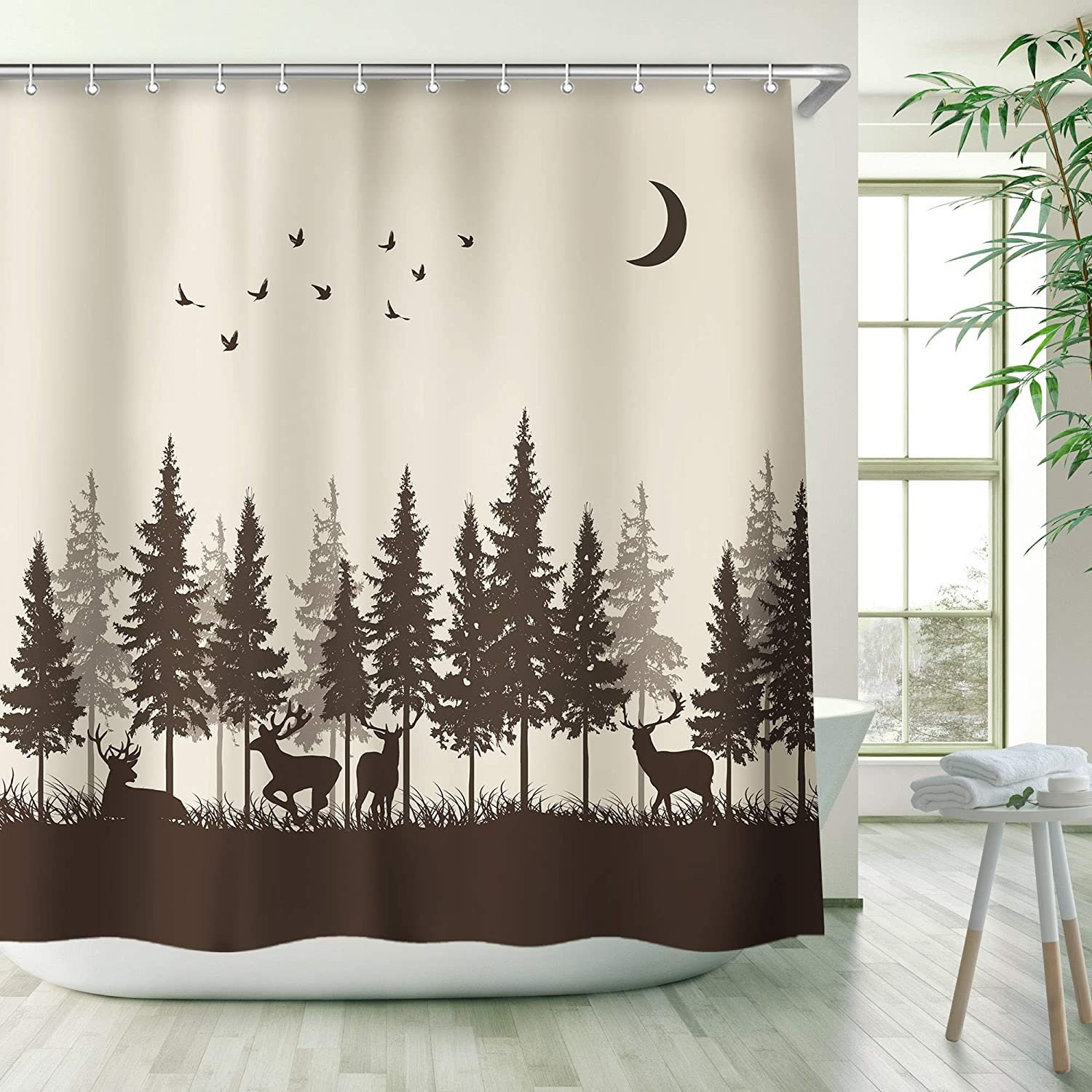 Rustic Forest Moose Pattern on Brown Shower Curtain for Hunting and Wilderness Enthusiasts