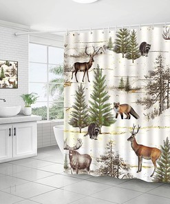 Rustic Forest Shower Curtain Featuring Lodge Moose, Deer, Fox, and Wild Animals for Farmhouse Country Bathroom Decor
