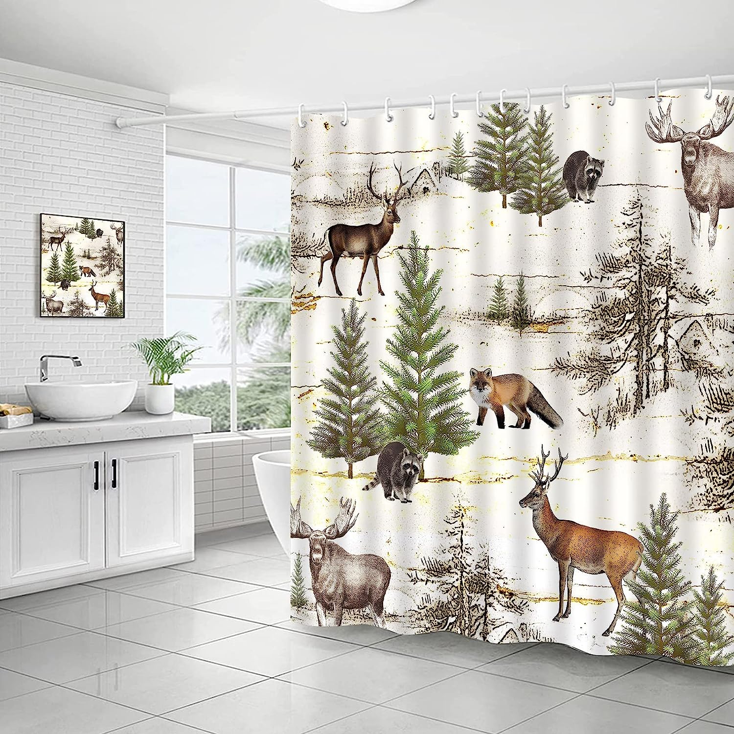 Rustic Forest Shower Curtain Featuring Lodge Moose, Deer, Fox, and Wild Animals for Farmhouse Country Bathroom Decor