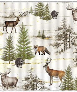 Rustic Forest Shower Curtain Featuring Lodge Moose, Deer, Fox, and Wild Animals for Farmhouse Country Bathroom Decor