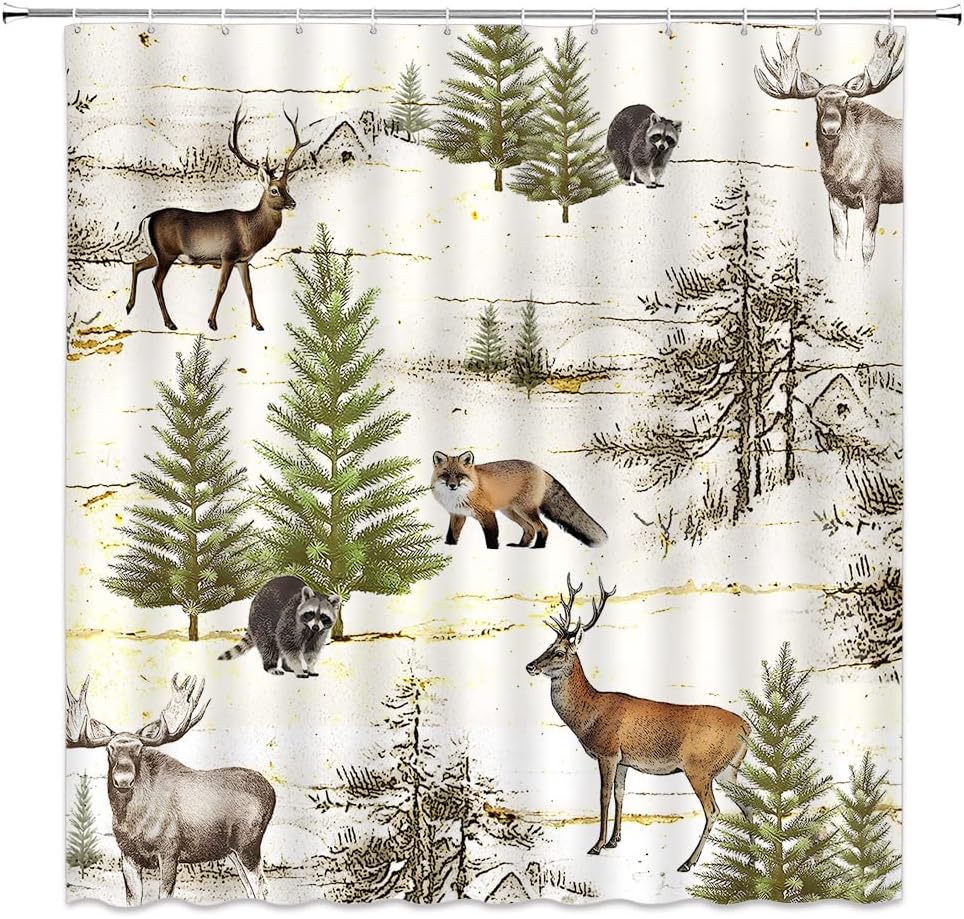 Rustic Forest Shower Curtain Featuring Lodge Moose, Deer, Fox, and Wild Animals for Farmhouse Country Bathroom Decor