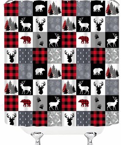 Rustic Forest Shower Curtain, Red Black Buffalo Plaid with Bear and Deer Bath Decor