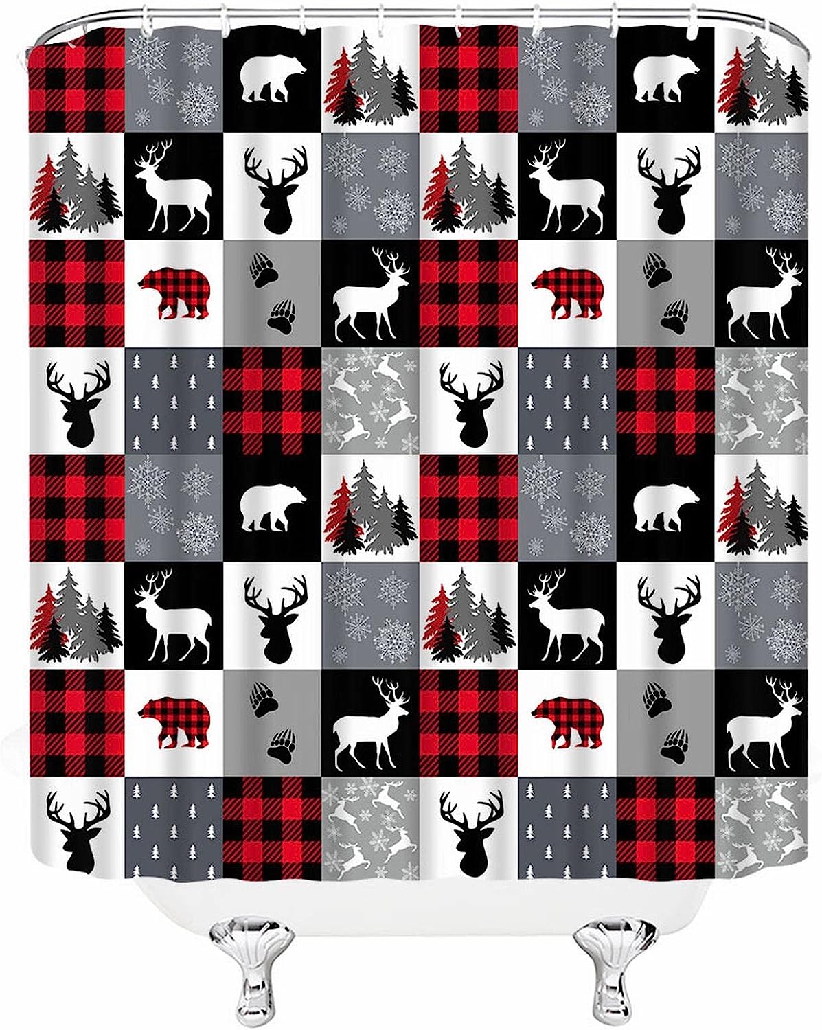 Rustic Forest Shower Curtain, Red Black Buffalo Plaid with Bear and Deer Bath Decor