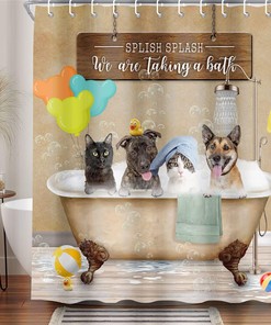 Rustic Funny Cat Dog Shower Curtain, Vintage Country Wooden Restroom Decor