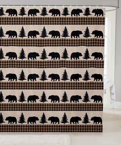 Rustic Geometric Plaid Castle Fairy Bear Animal Shower Curtain With Wildlife And Pine Trees Silhouette Design