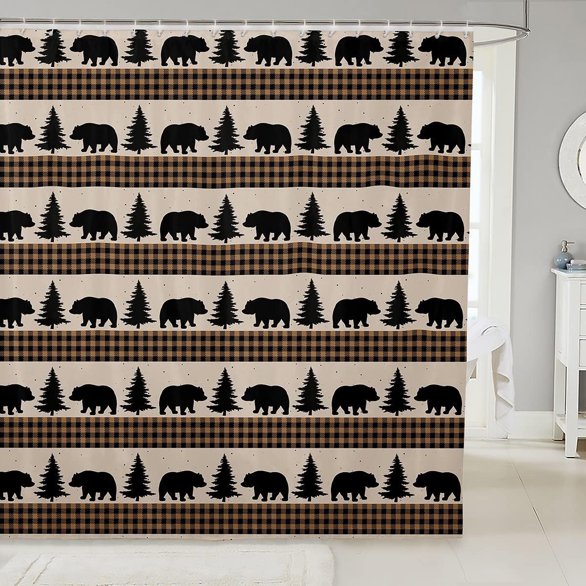 Rustic Geometric Plaid Castle Fairy Bear Animal Shower Curtain With Wildlife And Pine Trees Silhouette Design