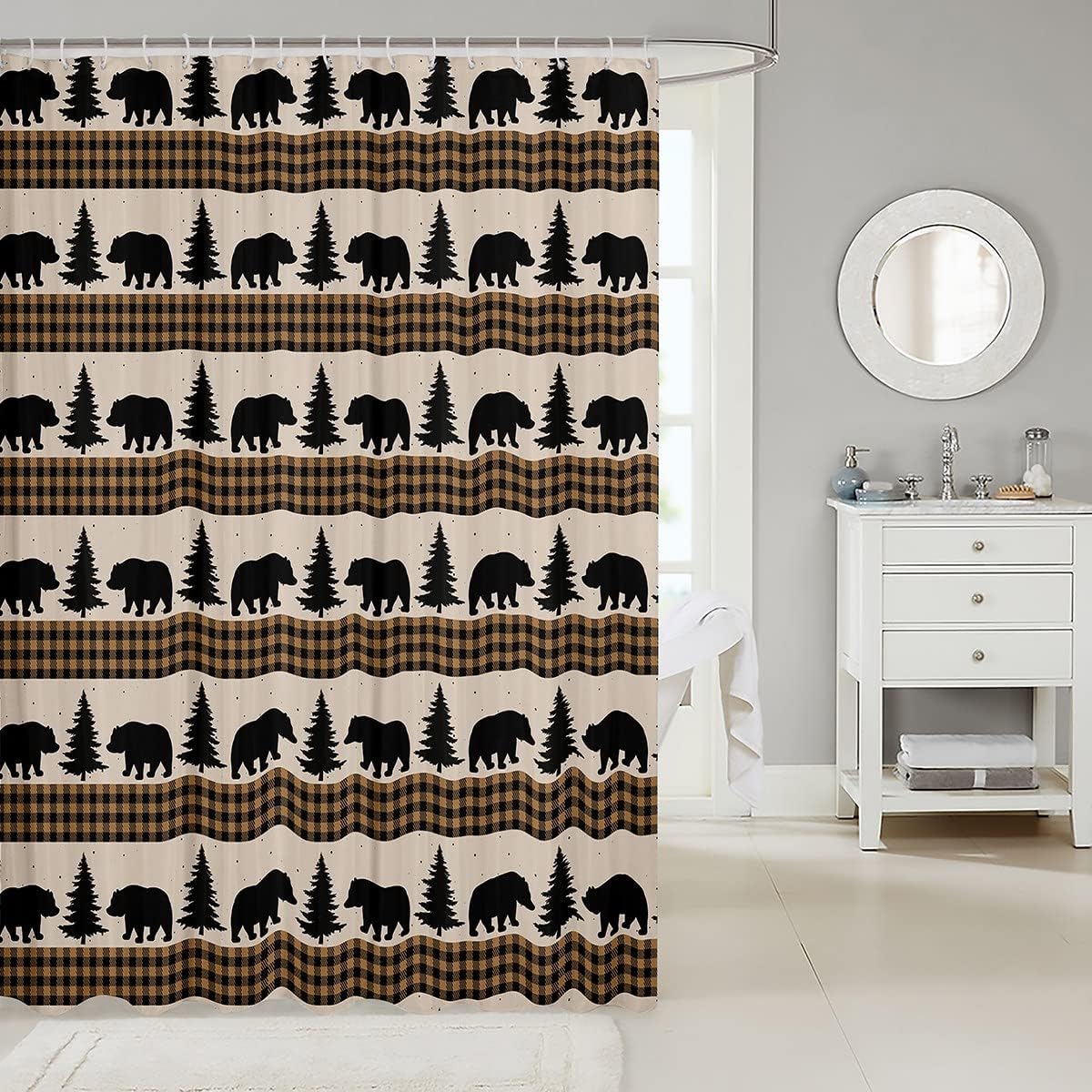 Rustic Geometric Plaid Castle Fairy Bear Animal Shower Curtain With Wildlife And Pine Trees Silhouette Design - Image 2