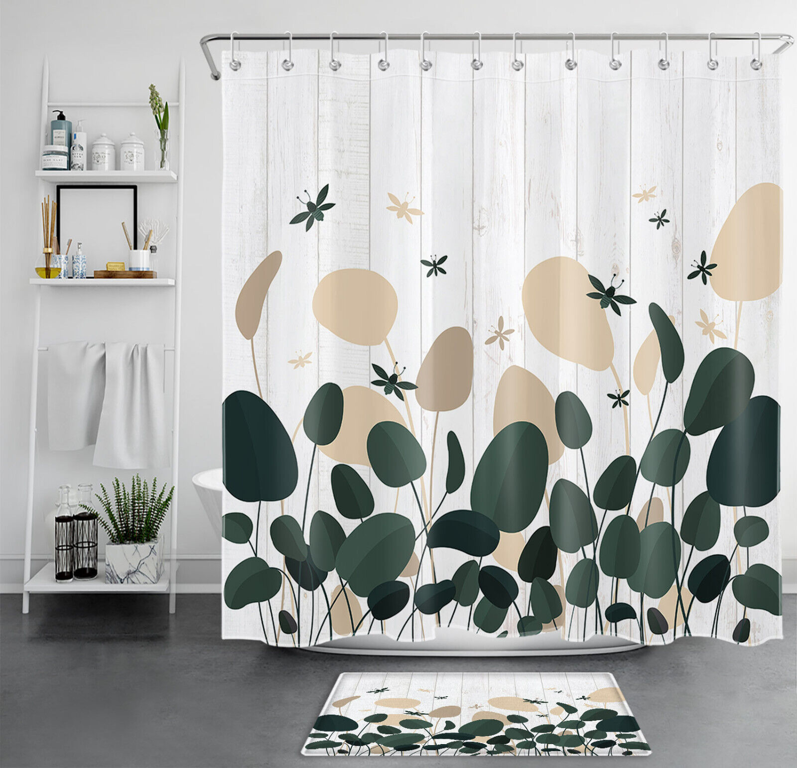 Rustic Geometric Plant Leaf Shower Curtain in Abstract Board Design