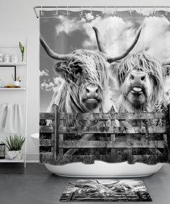 Rustic Gray Shower Curtain With Highland Cow And Retro Wood Design