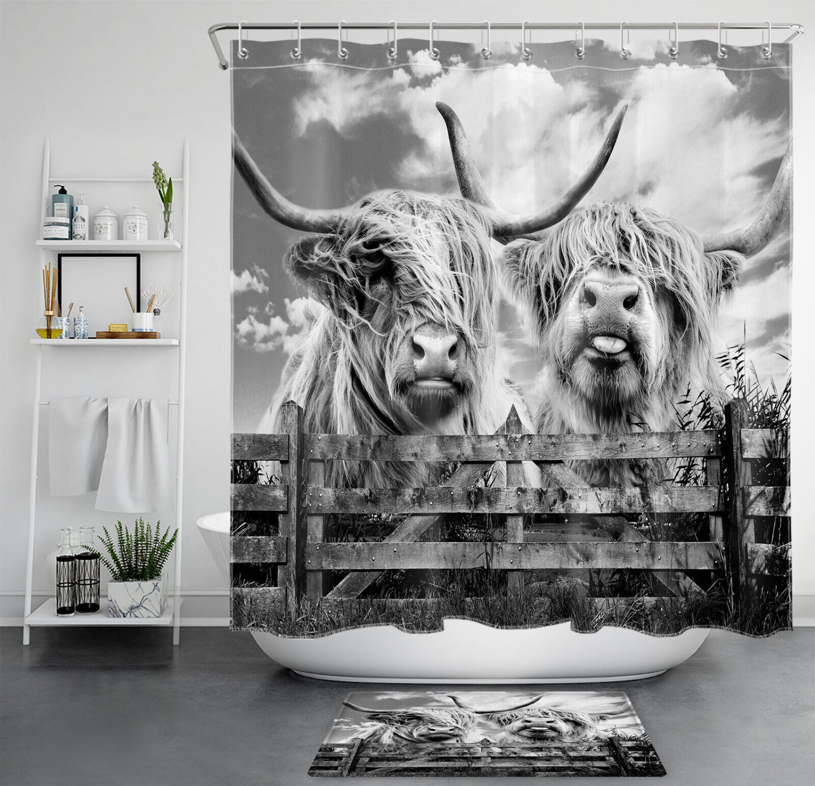 Rustic Gray Shower Curtain With Highland Cow And Retro Wood Design