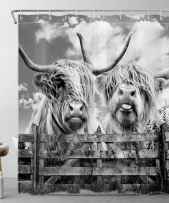 Rustic Gray Shower Curtain With Highland Cow And Retro Wood Design