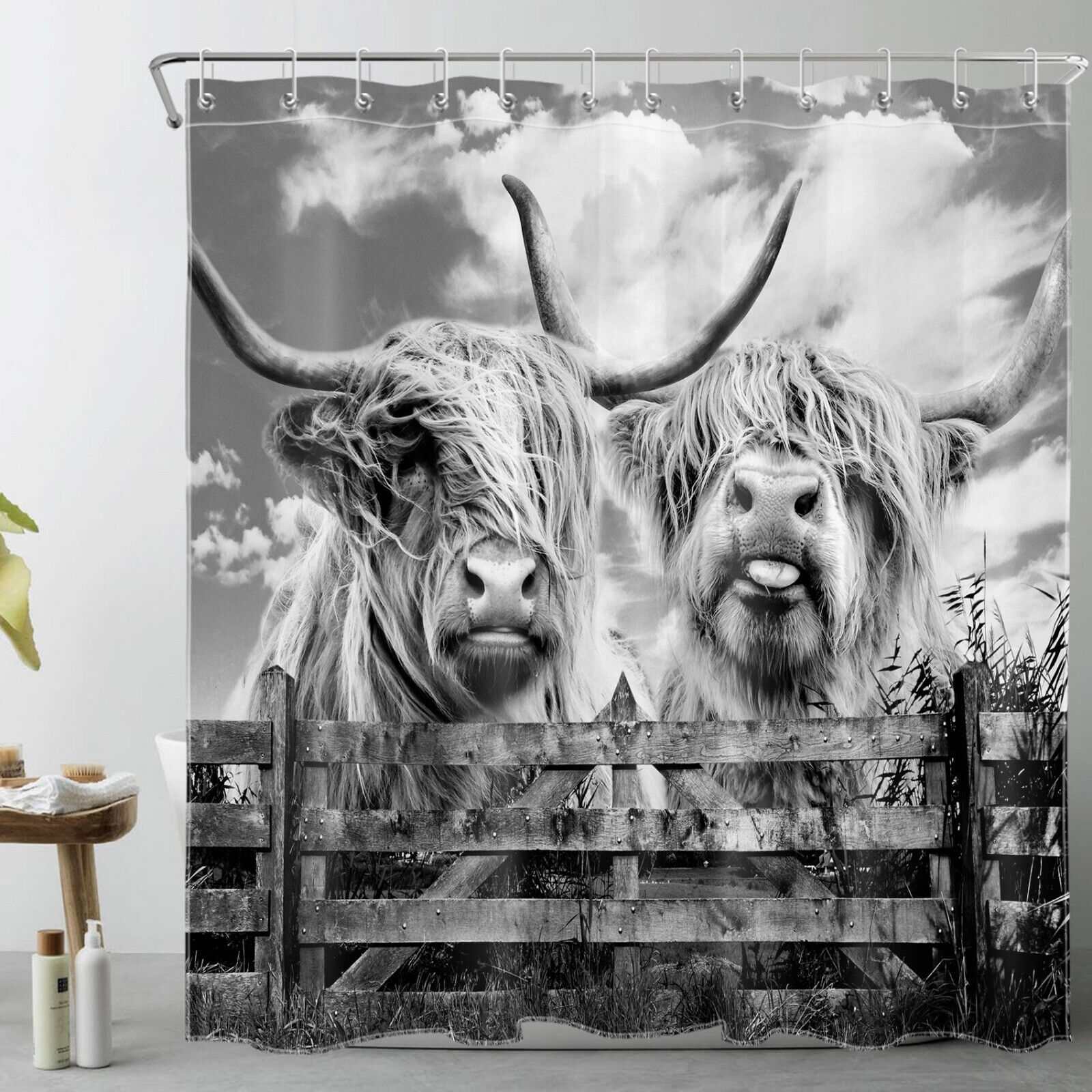 Rustic Gray Shower Curtain With Highland Cow And Retro Wood Design