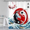 Rustic Great Wave Red Cherry Floral Bath Decor Koi Fish Shower Curtain, Waterproof Fabric Artwork for Japanese Bathroom